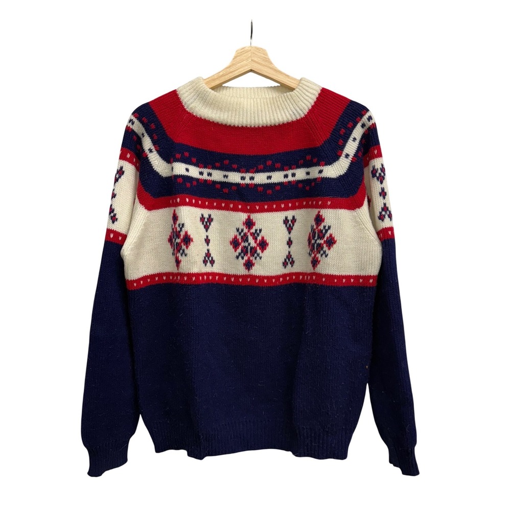 True Vintage MG Nordic Fair Isle Sweater Mens Large Red White Blue Acrylic Knit‎